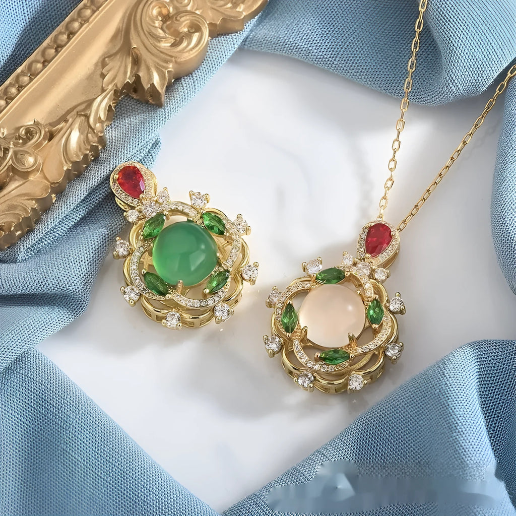 S925 sterling silver inlaid chrysoprase agate necklace with geometric pendant