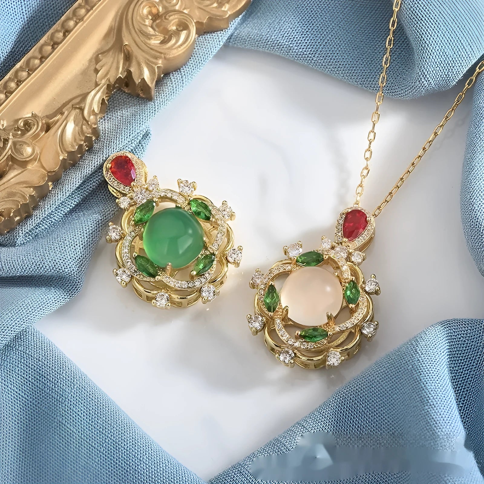 S925 sterling silver inlaid chrysoprase agate necklace with geometric pendant