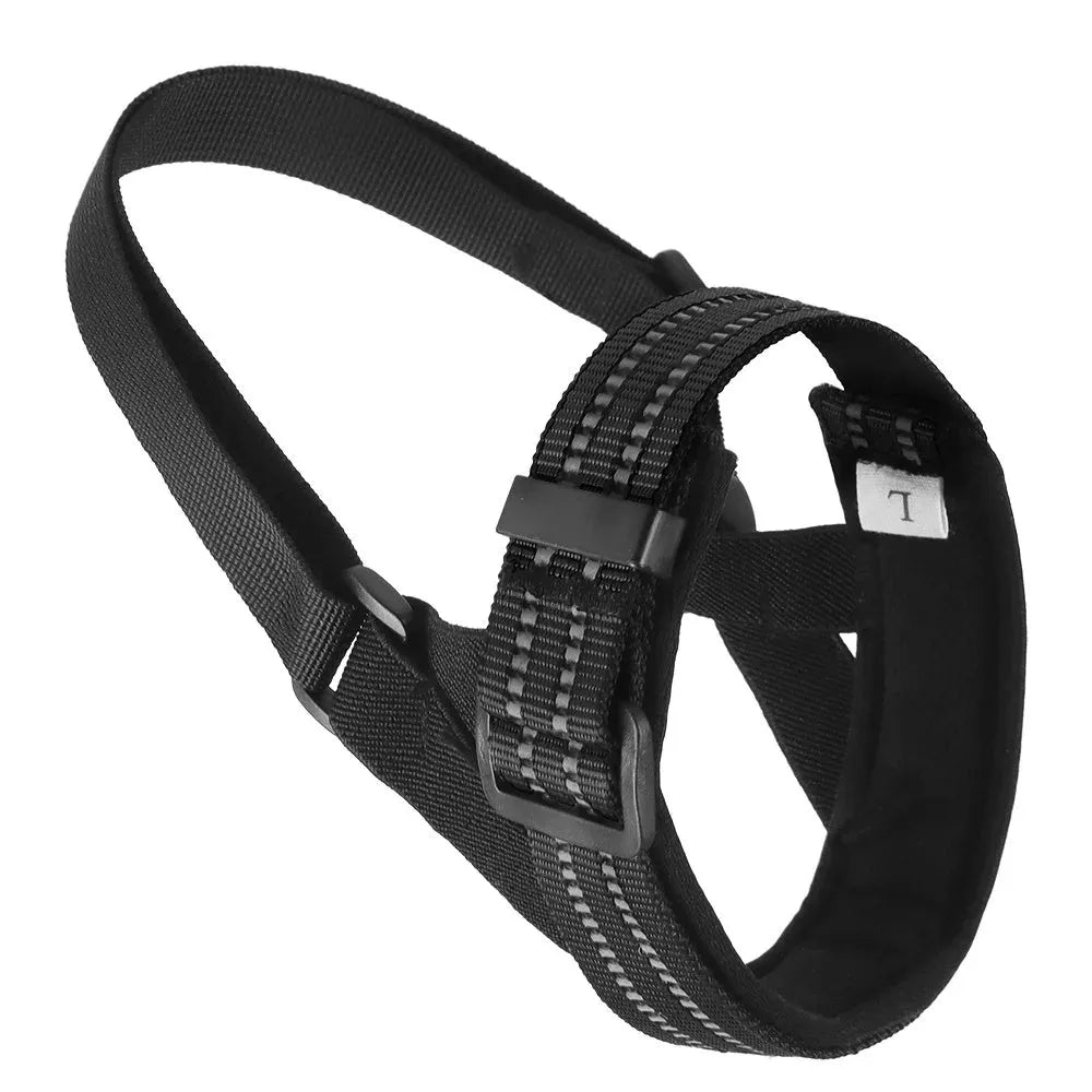 Adjustable reflective dog muzzle for large breeds like Huskies, shown in blue on a dog's snout.