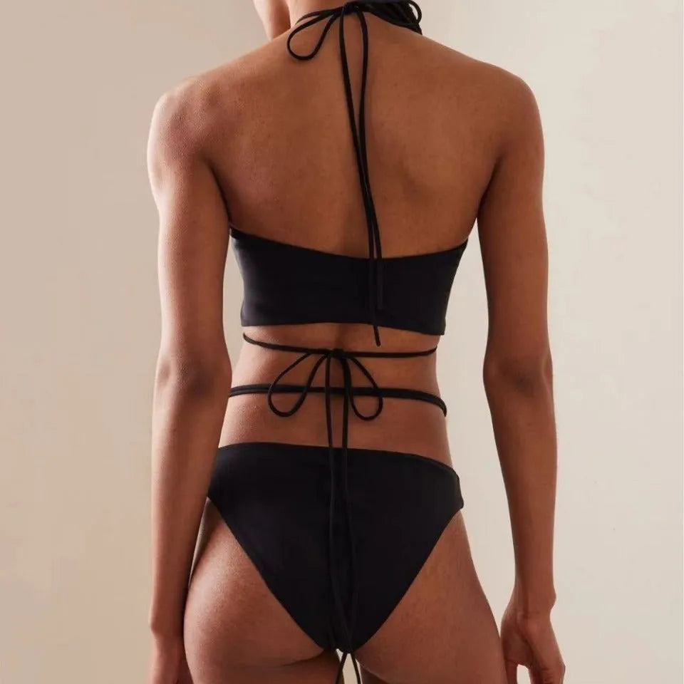 Women's black lace-up split front bikini swimsuit with adjustable design