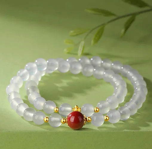 Women's double layer white agate bracelet with 6mm polished beads in geometric national style