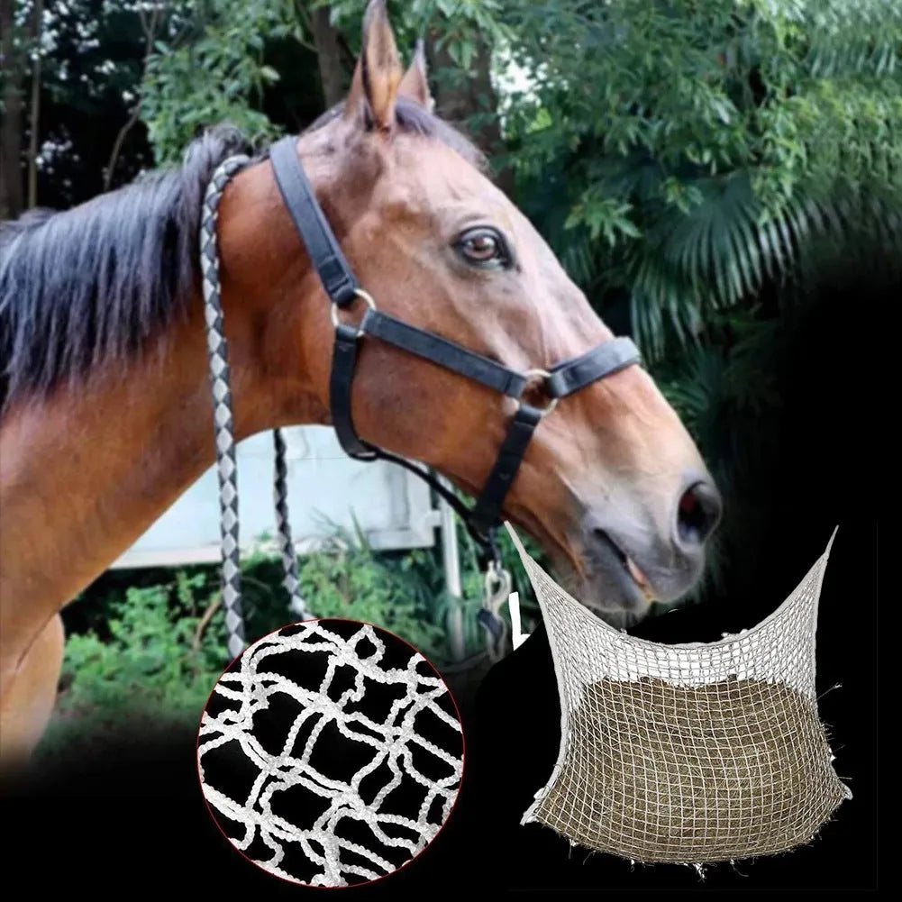 Woven PE rope grid pattern hanging feeding bag for livestock in multiple sizes