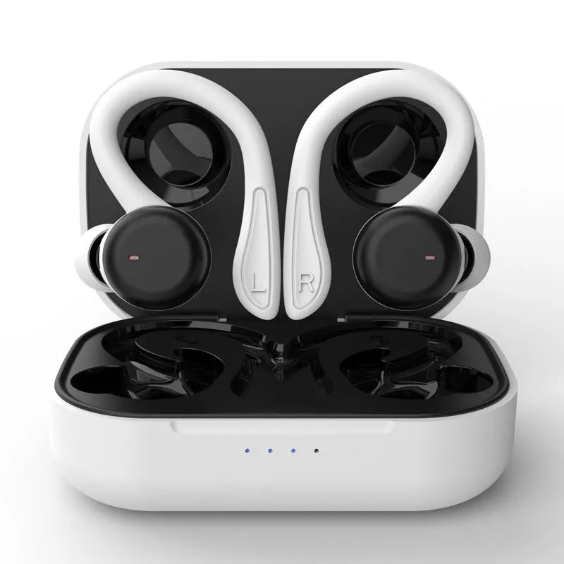 Noise-cancelling true wireless sports earphones with hanging ear design and removable stability accessories in multiple colours.