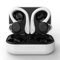 Noise-cancelling true wireless sports earphones with hanging ear design and removable stability accessories in multiple colours.