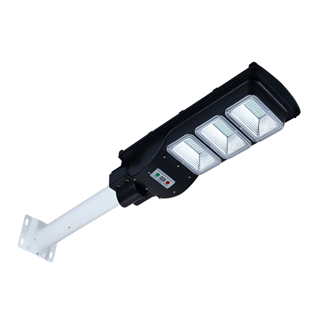 Integrated solar-powered 60W LED street light unit with remote control for outdoor gardens.