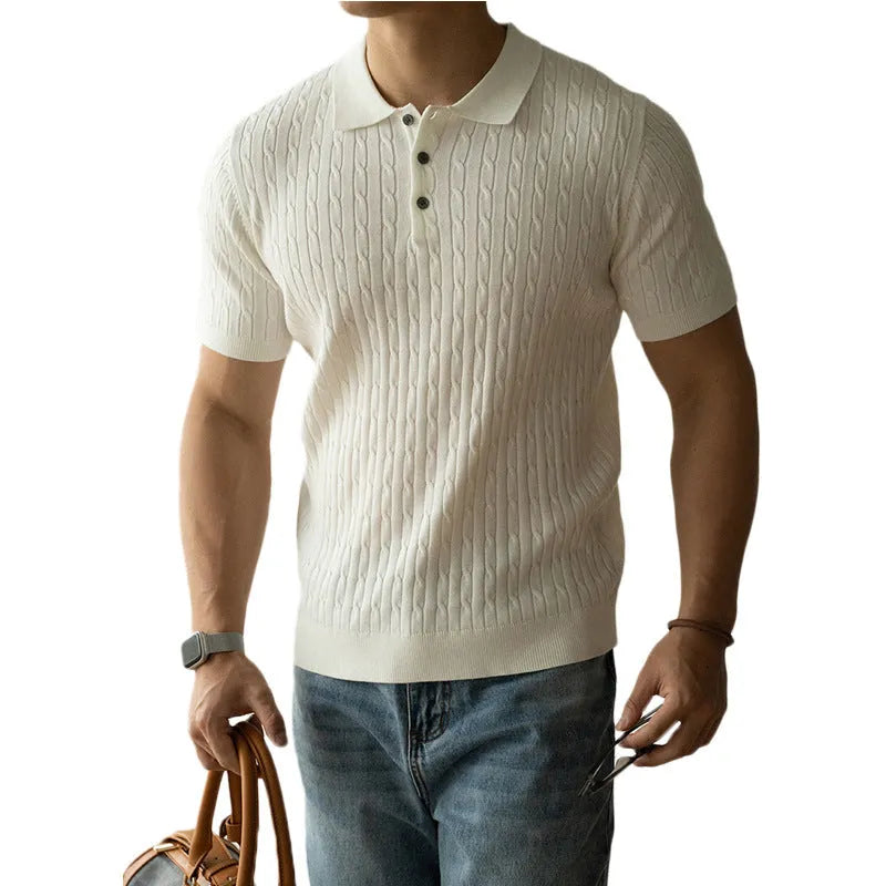 Men's khaki short sleeve business top made from a polyester nylon acrylic wool blend fabric.