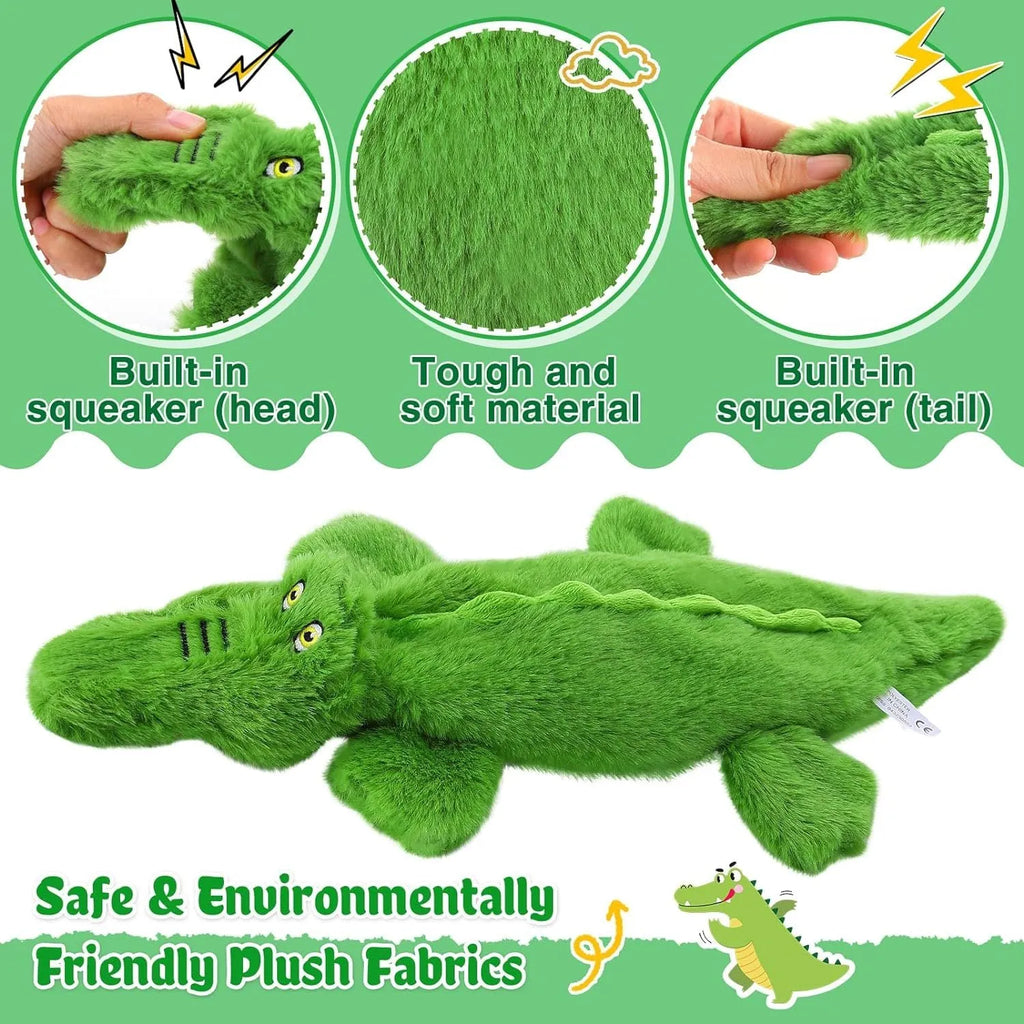 Green plush crocodile dog toy with no stuffing, squeaker in head, crinkle paper in tail, for aggressive chewers