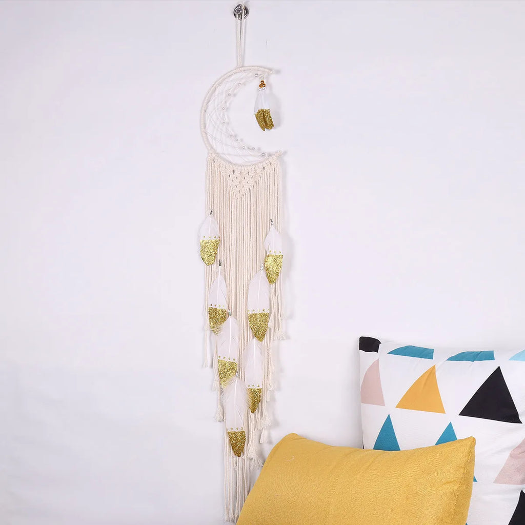 Gold crescent dream catcher wall decoration made of cotton thread, 20x100cm, plain pattern, model MS7566