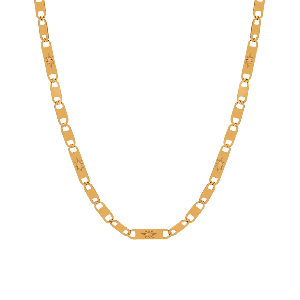 Gold electroplated titanium steel necklace with hammer pattern and Chinese character pendant on a stud chain