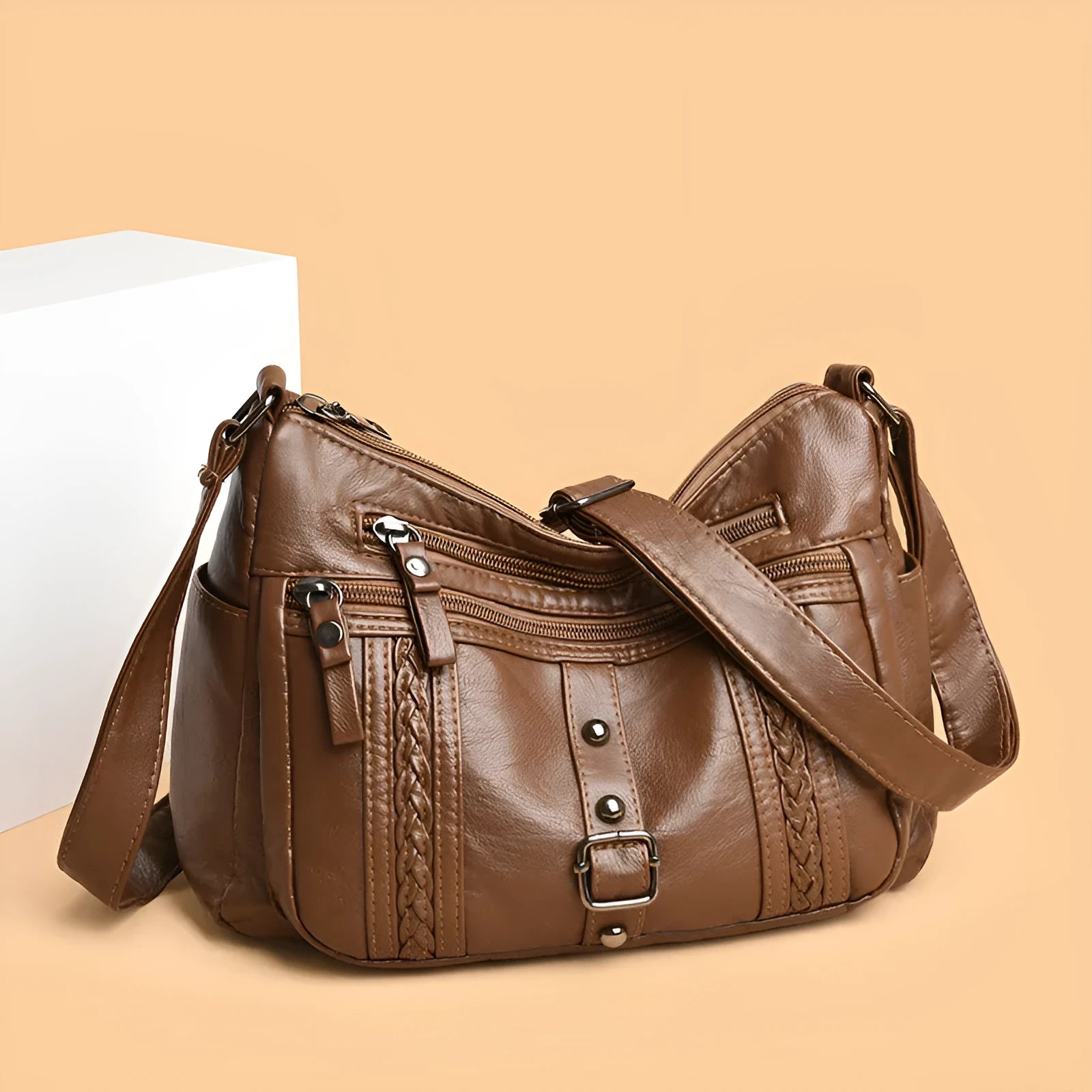 Fashionable versatile new soft PU shoulder messenger bag in horizontal square shape with slit pocket, available in five colours