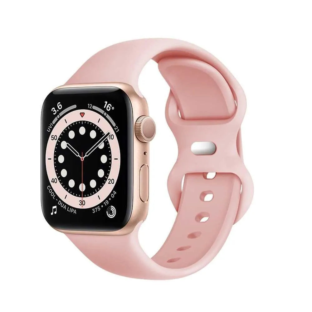 Silicone Apple watch replacement strap in black, shown fitted to a 44mm watch case.