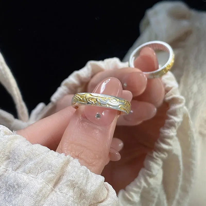 White copper geometric ring with Xiangyun pattern in silver and gold electroplated finish, open mouth adjustable design