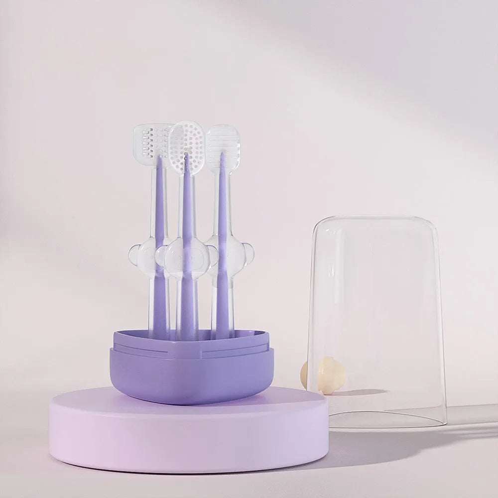 Purple silicone pet toothbrush for dogs and cats with soft bristles for dental cleaning