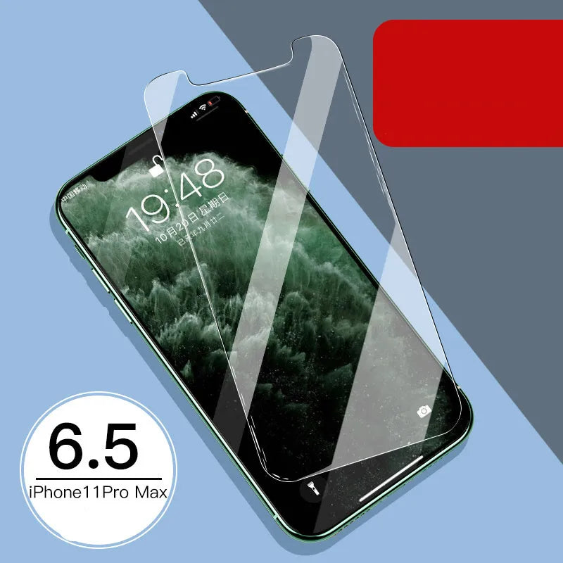 iPhone 11 Pro Max tempered glass screen protector with rear film and front film options.