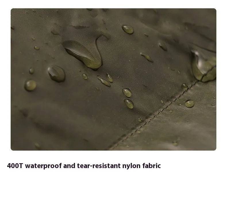 Ultralight mummy-style sleeping bag in army green colour with white duck down filling.