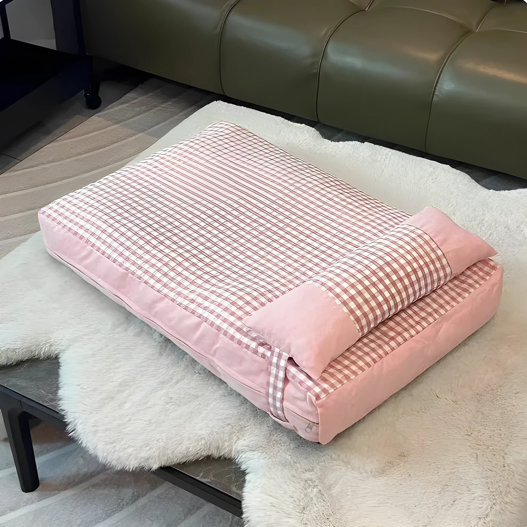Pet plaid colour matching kennel mattress with removable cover in khaki 60x40cm
