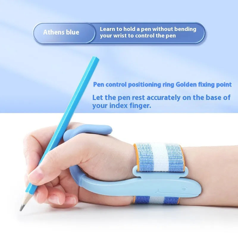 Blue anti-hook pen control corrector wrist brace on a child's hand holding a pencil.