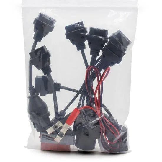 Eight TCS diagnostic car cables including PSA, Audi, BENZ, BMW, Opel, Fiat connectors and power cable on white background