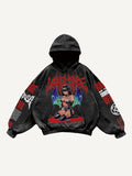 Men's printed hooded loose retro sweatshirt in black with long sleeves and hood