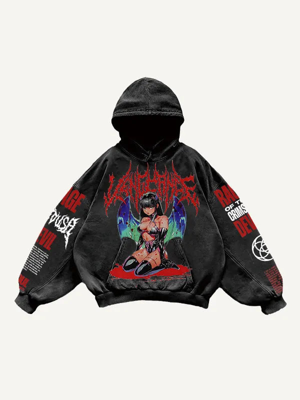 Men's printed hooded loose retro sweatshirt in black with long sleeves and hood