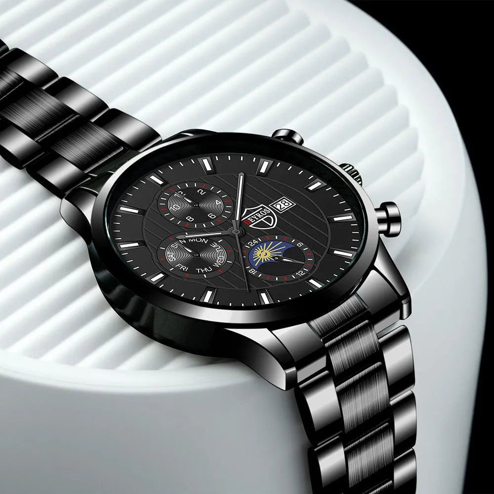 Men's casual luminous quartz wrist watch with calendar date, 9.5mm stainless steel case, black dial with silver needle