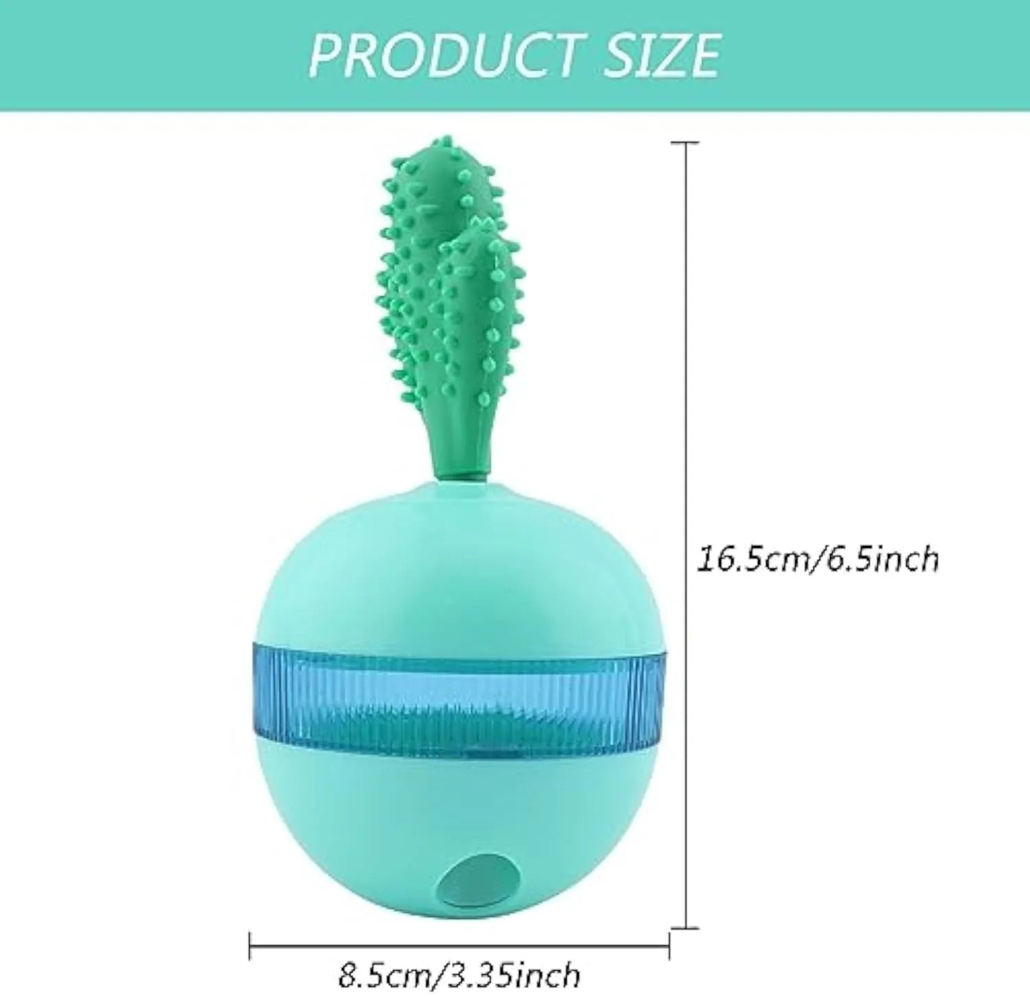 Blue durable rubber tumbler ball dog toy with small treat holes on a plain background.
