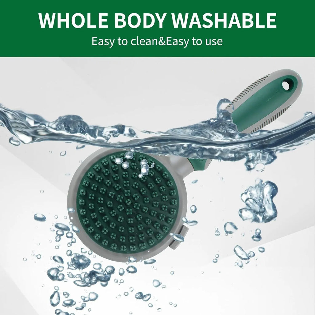Green and pink two-sided pet brush with retractable slicker brush and silicone octopus-teethed massager