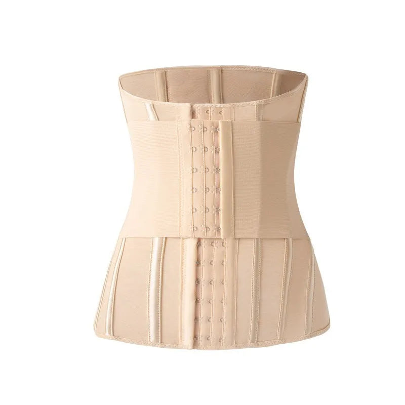 Nylon belly band for waist training in black or apricot, showing adjustable tie.
