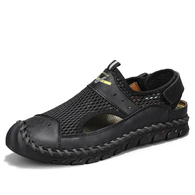 Men's brown genuine leather casual shoes with mesh breathable panels and elastic band design