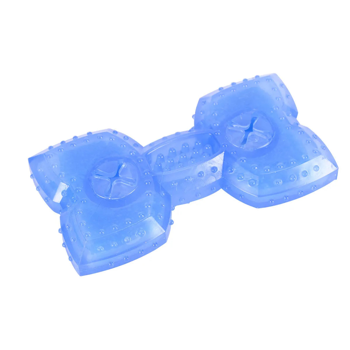 Freezable bone and circle shaped dog chew toys for cooling and teething relief.