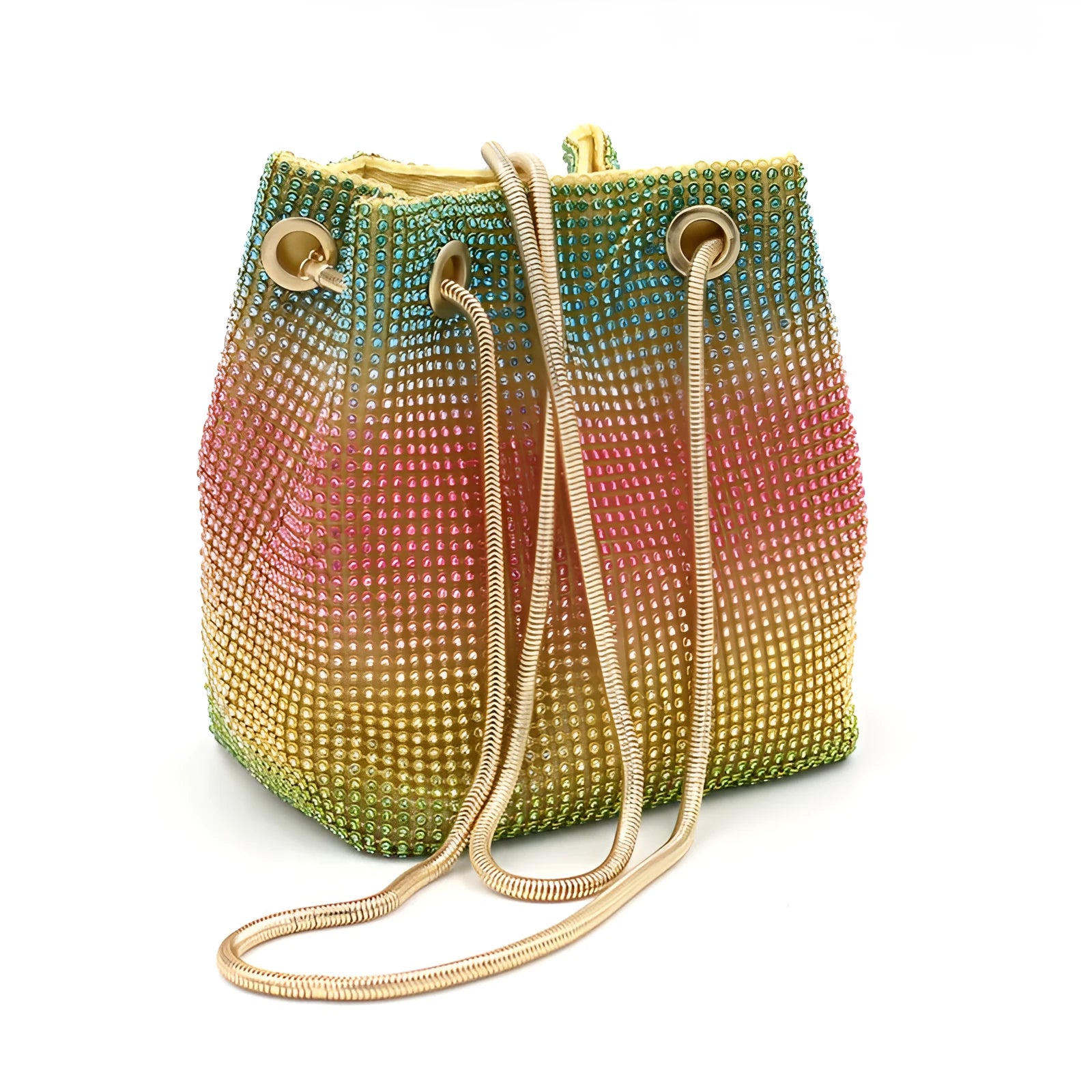 Rainbow coloured soft bucket handbag covered entirely in sparkling rhinestones with a top handle.