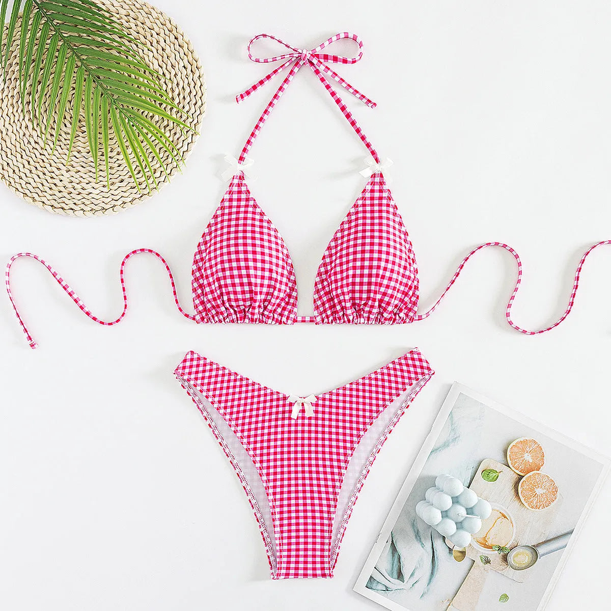 Women's plaid banded bikini swimsuit set with top and briefs in polyester