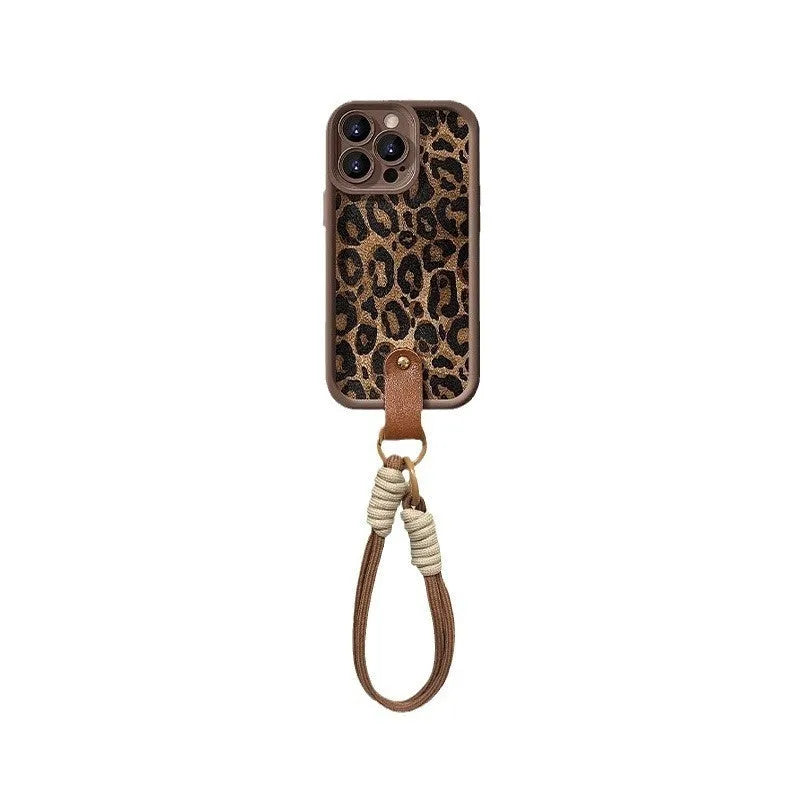 Brown leopard print silicone phone case with attached lanyard for iPhone models