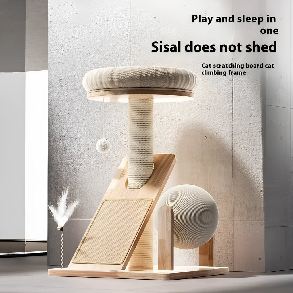 Beige jute cat climbing frame with sisal scratching posts and curved design elements