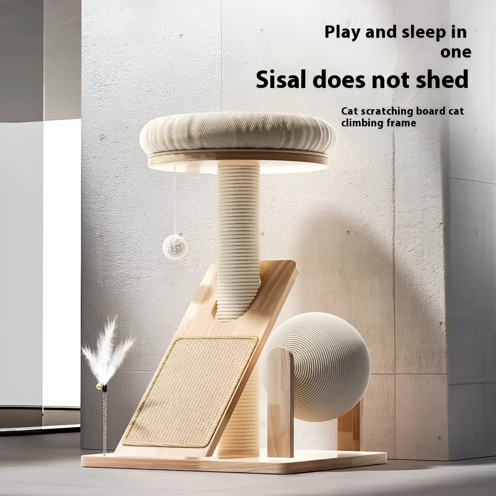 Beige jute cat climbing frame with sisal scratching posts and curved design elements