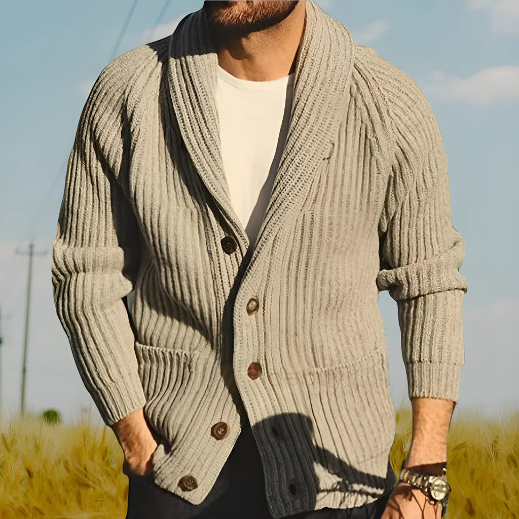 Men's khaki lapel knitting cardigan with front pockets and button closure on a plain background