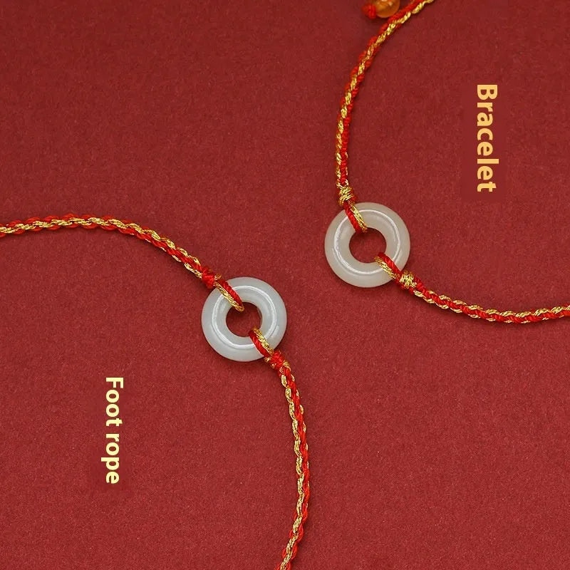 Red braided rope Hetian jade bracelet anklet set natural wave style certificate packaging