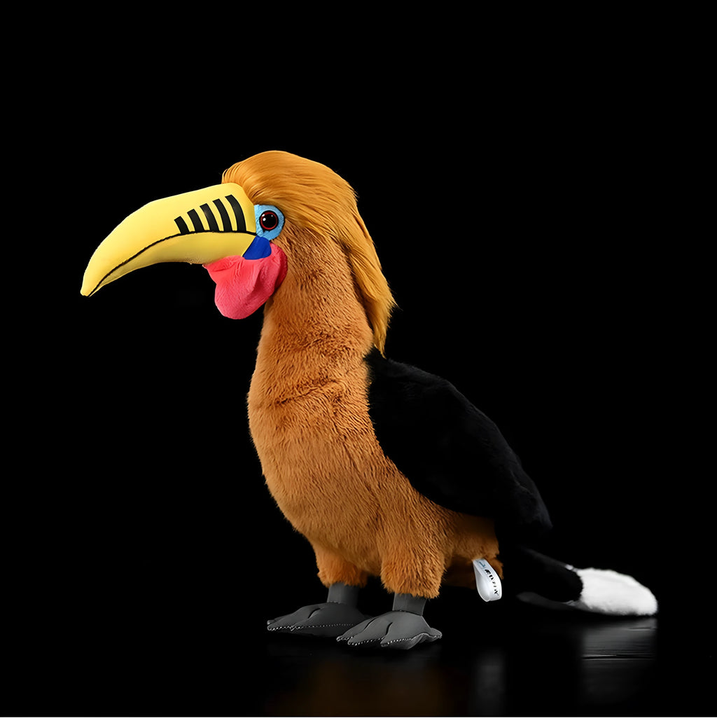 Soft brown necked hornbill plush toy standing 30cm tall on a white background