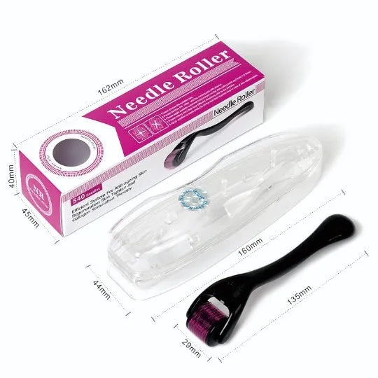 Black derma roller with titanium microneedle head and ergonomic handle, labelled with sizes A-F from 0.2mm to 1.0mm.