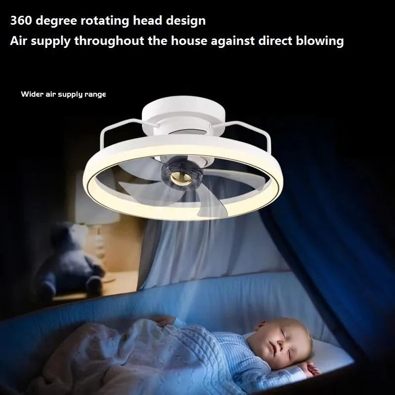 Modern ceiling fan lamp with light showing PC blades and acrylic shade in rose gold finish