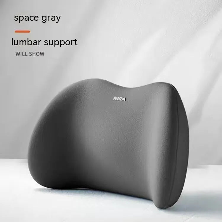 Black memory foam car headrest pillow and matching lumbar support pillow on a car seat.