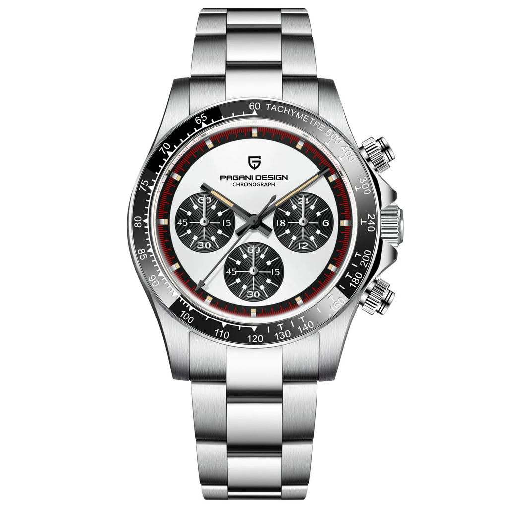 Men's stainless steel chronograph watch with black dial and Seiko VK63 quartz movement.