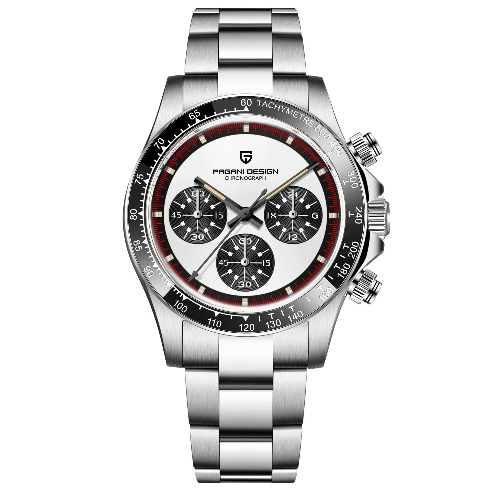 Men's stainless steel chronograph watch with black dial and Seiko VK63 quartz movement.