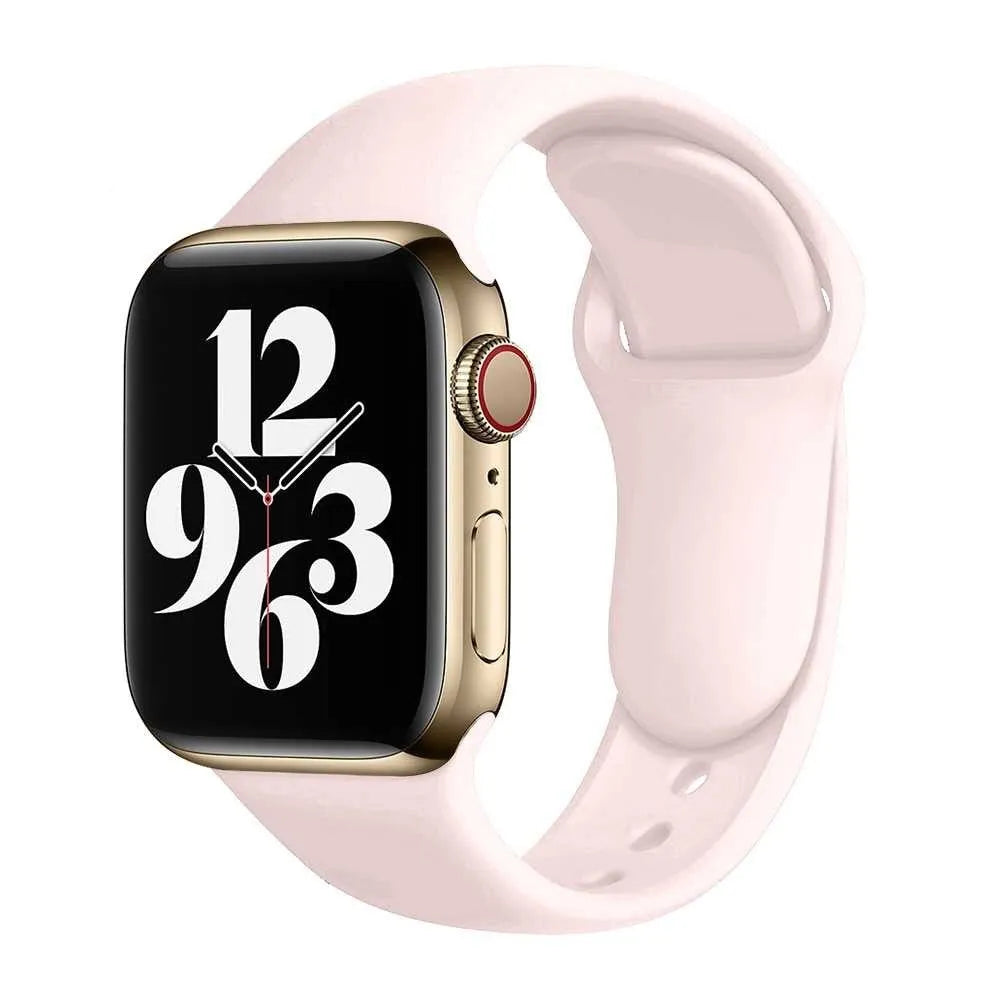 Silicone Apple watch replacement strap in black, shown fitted to a 44mm watch case.