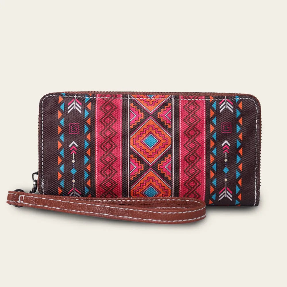 Bohemian striped canvas RFID wallet with wind belt closure in multiple colour options