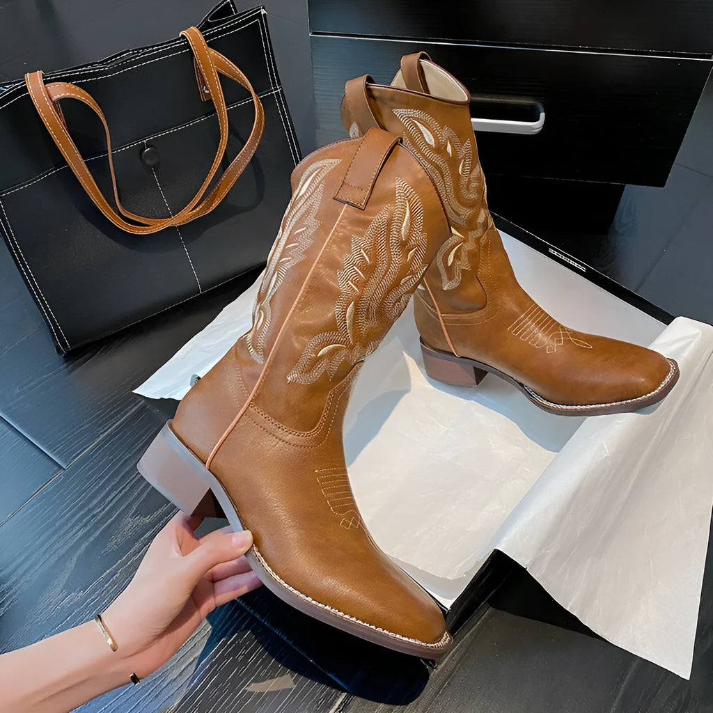 Brown women's mid-calf embroidered Martin boots with leather lining and rubber sole