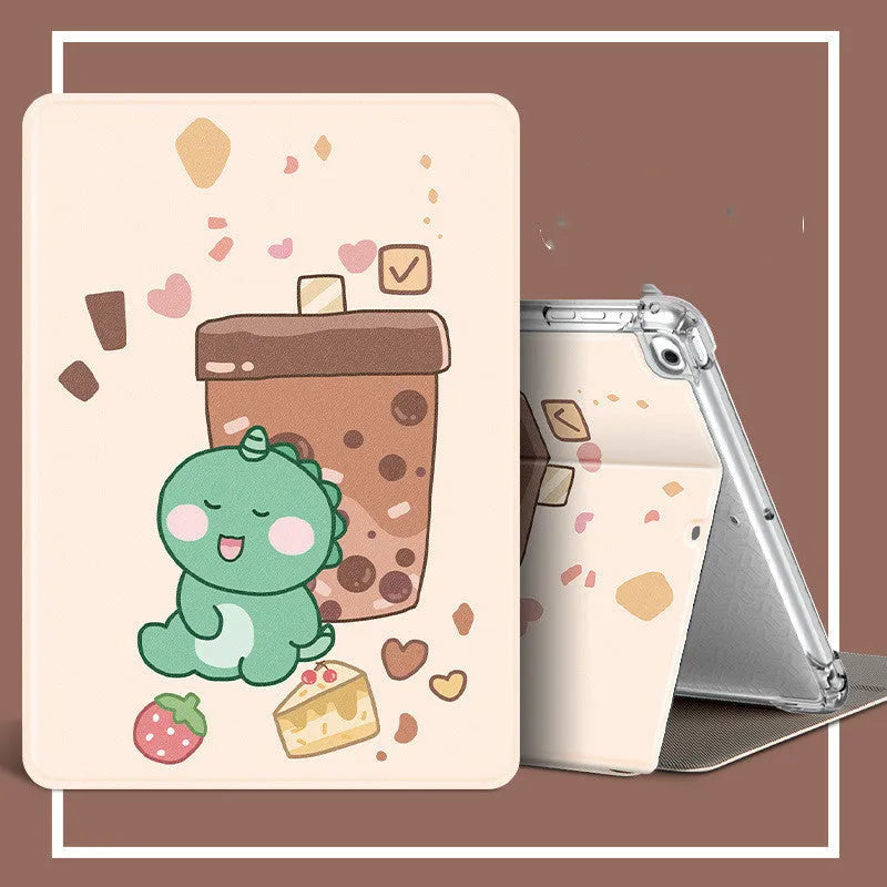 Cartoon iPad airbag drop protection cover in i035 Strawberry Bear style, imitation leather and silicone flip case with sleep function