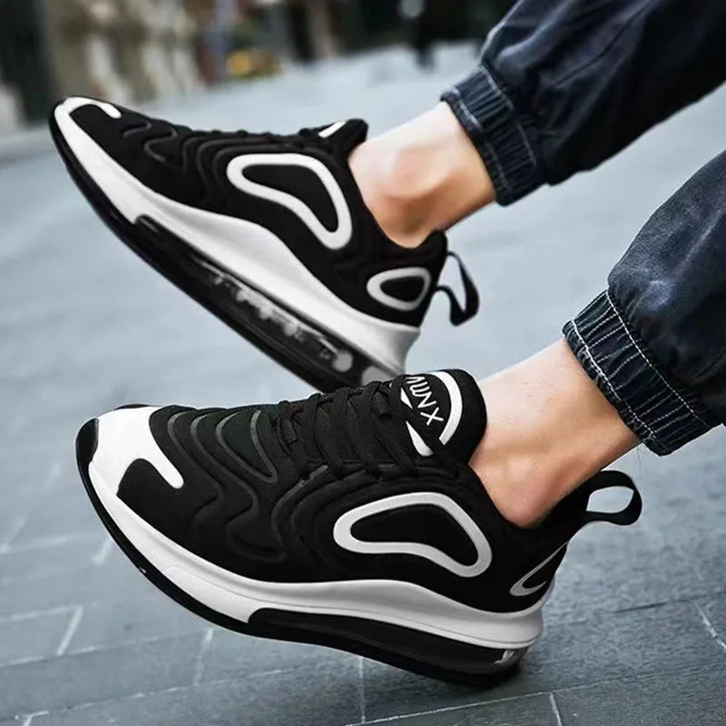 Men's black casual sneakers with lace-up front and air cushion design for running and outdoor activities