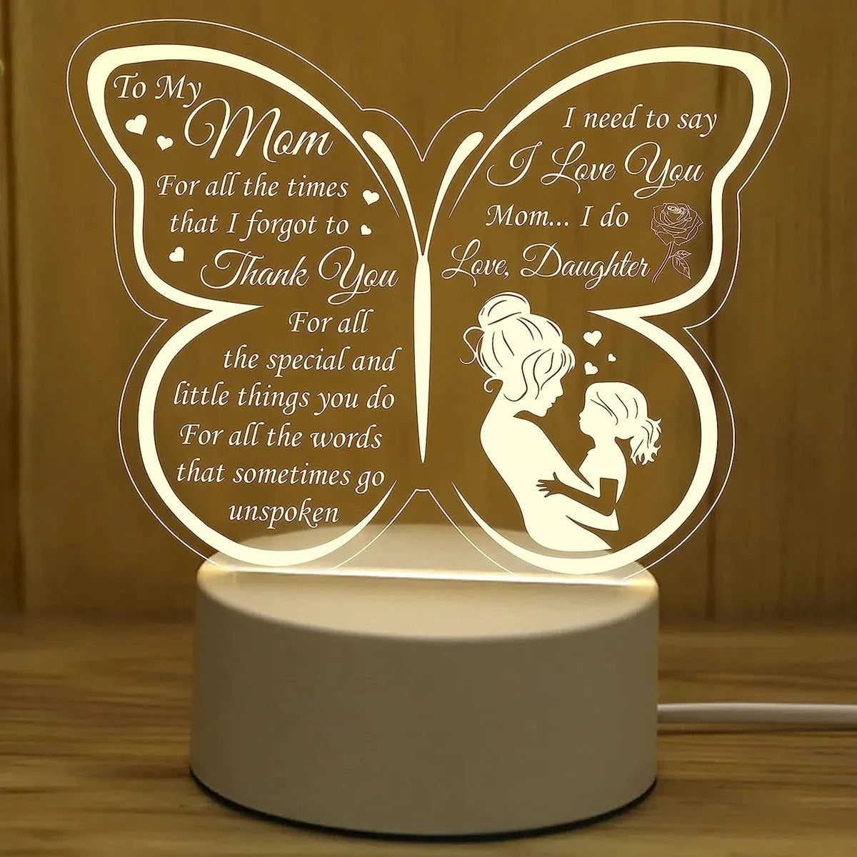 Heart-shaped acrylic table lamp with USB power and touch control, 160mm diameter with engraved love message