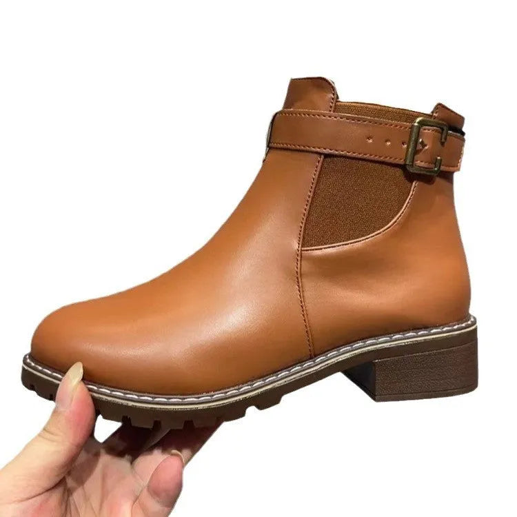 Women's black ankle boots with belt buckle decoration and non-slip rubber soles